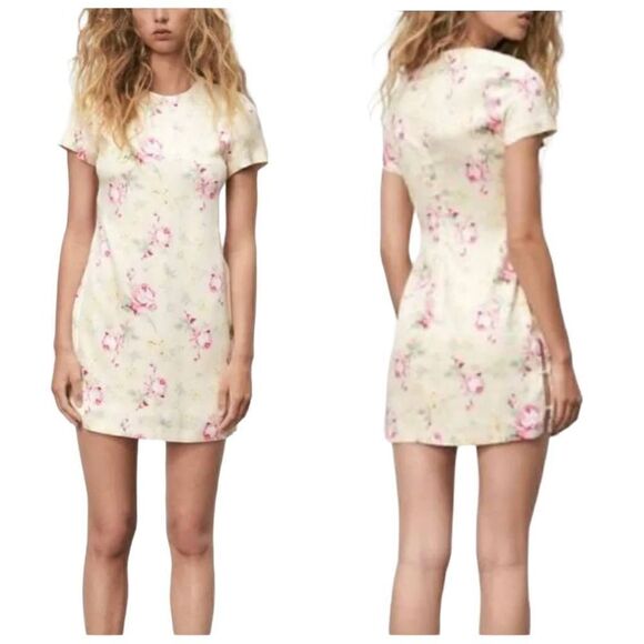 Zara Satin Effect Cut Out Sides Yellow Floral Mini Dress Size Medium - Picture 2 of 12